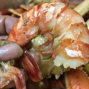 shrimp, potatoes, and other foods in a pan