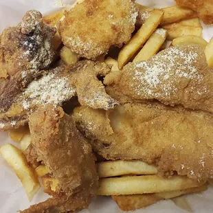 1 fish, 2 wings, 2 shrimp and fries $6.99