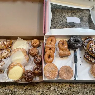 Pastries on left, donuts on the right. YUM!
