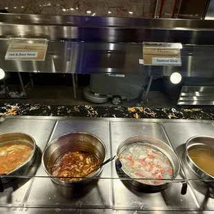 Soup Station: Shrimp with Vegetables, Hot &amp; Sour, Seafood, Miso (left to right); IG: @katzlundell