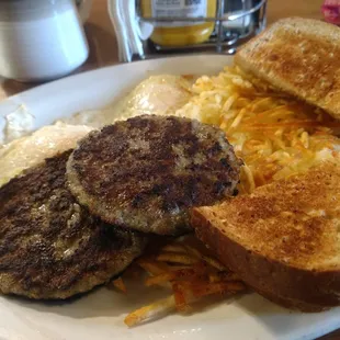 Eggs, Sausage Patties, hash browns and toast