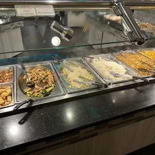 One of the hot food stations. This one has rice and noodles.