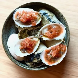 Raw Alabama Oysters, Spicy, Frozen Cocktail Sauce, and Lemon Oil