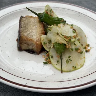 Pork Belly with Shishito Peppers, Apple and Hazelnuts