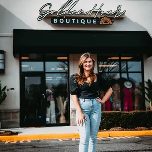 The exterior of our locally owned boutique with our owner, Dana.