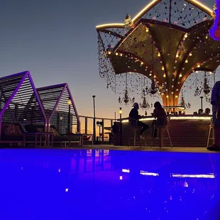 people sitting at a bar with a carousel in the background