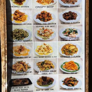 a menu for a variety of dishes