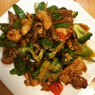 Our customers favorite Hot and Spicy Hunan Combination. Tons of vegetables with chicken, beef and jumbo shrimps!