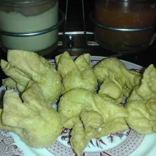 Order of Cream Cheese Blossoms.  Chinese hot mustard and duck sauce in the back.