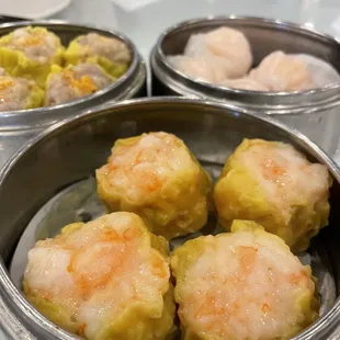 Shrimp Siu Mai (front), Pork Siu Mai (left back), Shrimp Har Gow (right back)