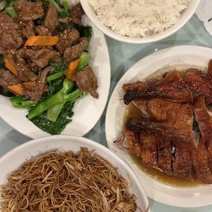 Combination stir fried noodles, 1/2 roasted duck, beef with Chinese broccoli