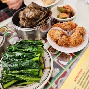 Chinese Broccoli with Oyster Sauce, Deep Fried Taro, Sticky Rice, Stuffed Bell Pepper
