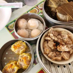Shiu Mai, Shrimp Dumplings (Har Gow), Steamed Spare Ribs, Sticky Rice in Lotus Leaf