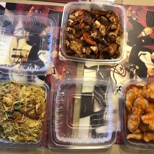 Lockdown to go.  Singapore rice noodle, Mushroom tofu, Orange chicken