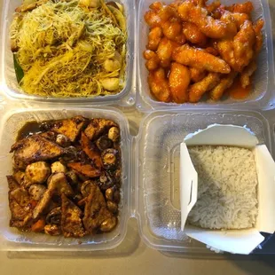 Singapore rice noodle, orange chicken, spicy tofu. $38.