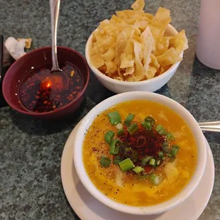 Egg drop soup hot oil and crunchies.