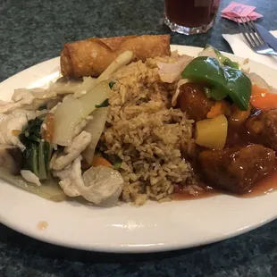 Combo lunch special: Moo Goo Gai Pan and Sweet and Sour Pork, fried rice, and egg roll.