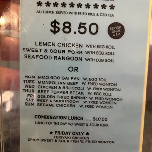 Dinner specials on back are $10.25