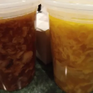 Hot &amp; Sour Soup (left); Wonton Egg Drop Soup (right)