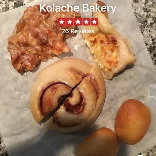 Apple fritter, cream cheese kolaches, mini kolaches and cinnamon roll