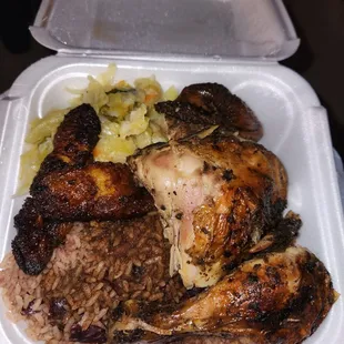 Jerk Chicken (dark meat) W/ Rice &amp; Peas, Cabbage, &amp; Plantains