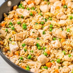 chicken and rice in a skillet
