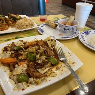 Shrimp with mixed veggies in brown sauce from the lunch menu &amp; twice cooked pork with white rice from regular menu.