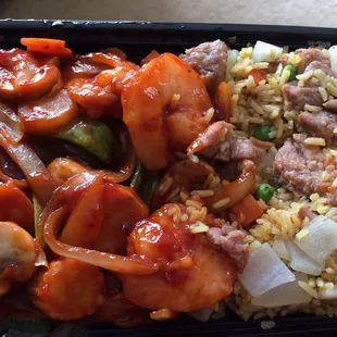 Szechuan shrimp with beef fried rice