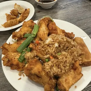 Salt and pepper chicken with fried rice, fried dumplings.