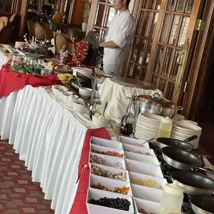 Pasta, omelette stations and desserts.