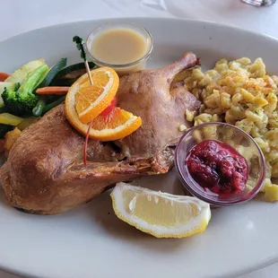 Roast duck, spaetzle, and mixed veggies