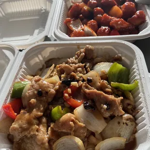 Beef Chow Fun in Black Bean Sauce and Sweet and Sour Pork