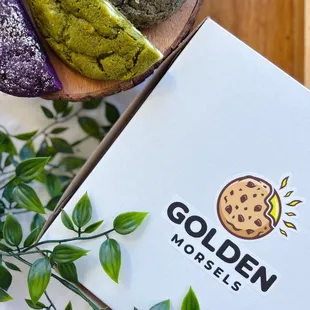 a box of cookies and a cookie