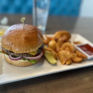 a burger and fries