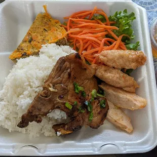 #26 Com Cha Suon Chao, charbroiled pork chop, baked minced meat &amp; egg, shrimp paste served with rice