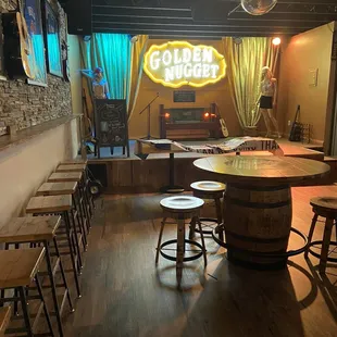 a bar with stools and tables