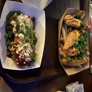 Loaded chicken tenders and fries pork tamale