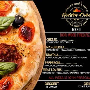 the menu for the pizza