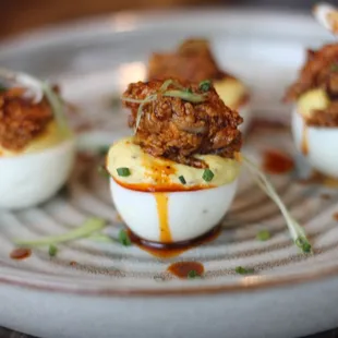 a plate of deviled eggs