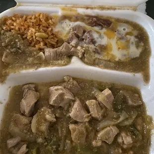 Chili verde beans and rice to go Messy but not bad.