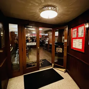 the entrance to a restaurant