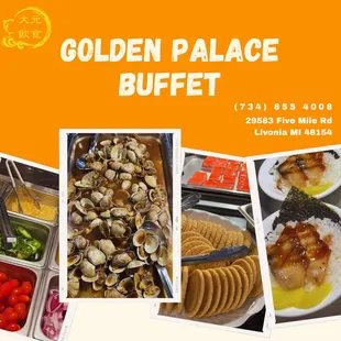 From fresh seafood to crisp salads, sushi, and decadent desserts, Golden Palace Buffet offers a feast for every taste!