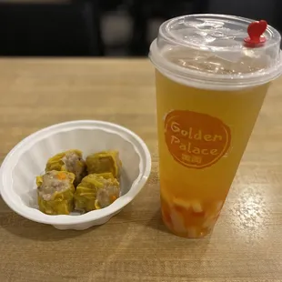 a drink and a bowl of food