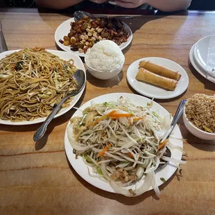 Vegetable Chow Mein, Kung Pao Chicken, white rice, Egg Roll, fried rice, Chicken Chop Suey.