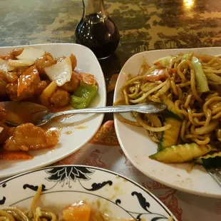 Swwt and sour pork with vegetable chow mein. Yummy!