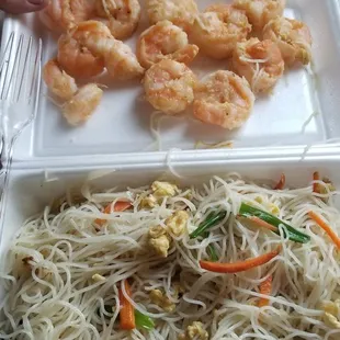 shrimp and noodles in a styrofoam container