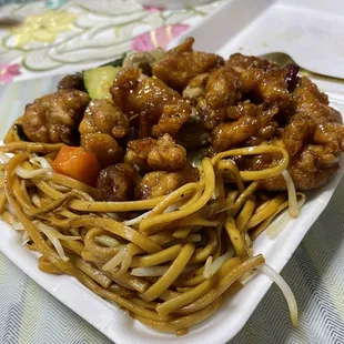 Chow mien, orange chicken, and mushroom chicken.