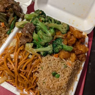 Beef broccoli and orange chicken.  Generous portions
