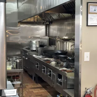 A very clean kitchen cooking up comfort foods.