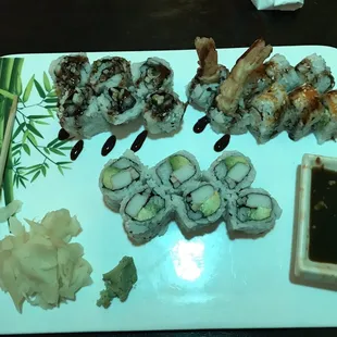The dark drops are the sauce for the Shrimp Tempura rolls and eel/cucumber rolls.